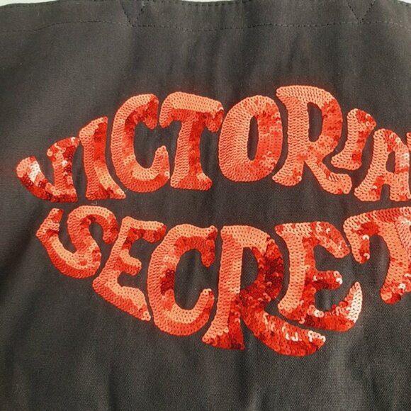 VICTORIA SECRET Canvas Red Sequin Lips Weekender Travel Shopper Tote Bag Black - Picture 5 of 13